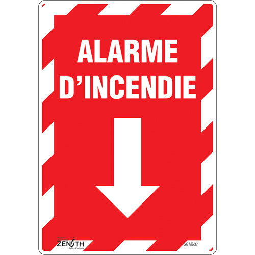 SGM637 "Alarme D'Incendie" Arrow Sign, 10" x 7", Vinyl, French with Pictogram