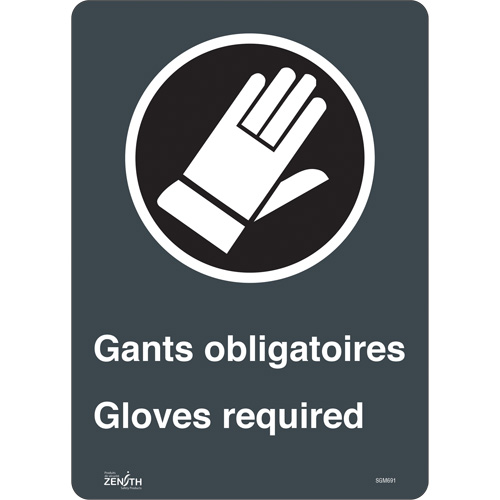 SGM691 "Gant Obligatoires - Gloves Required" Sign, 14" x 10", Vinyl, Bilingual with Pictogram