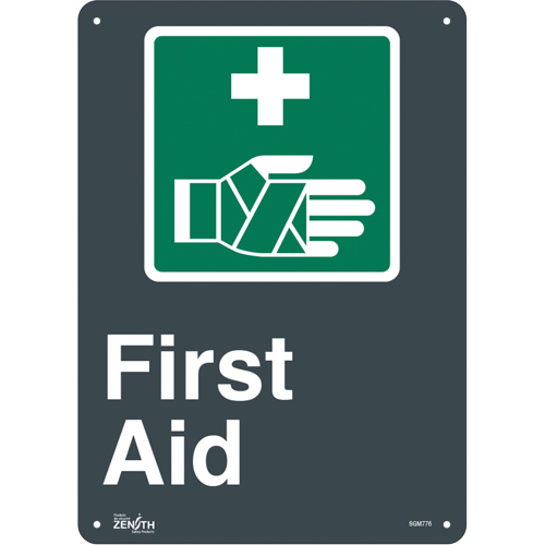 SGM776 "First Aid" Sign, 14" x 10", Plastic, English with Pictogram