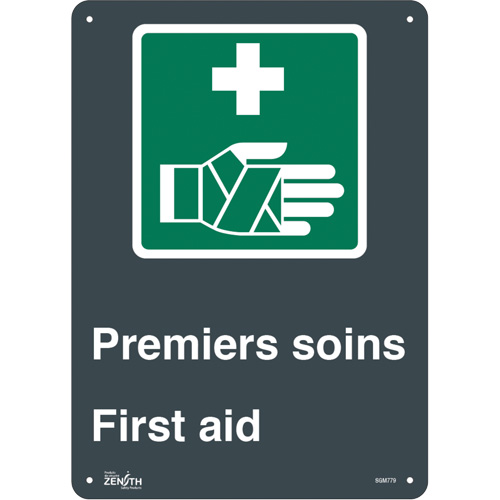SGM779 "Premier Soins/First Aid" Sign, 14" x 10", Plastic, Bilingual with Pictogram