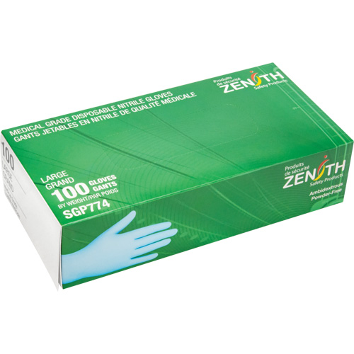 SGP774 Gants jetables de calibre m&eacute;dical r&eacute;sistants &agrave; la perforation, Grand, Nitrile, 4,5 mils, Sans poudre, Bleu, Classe 2