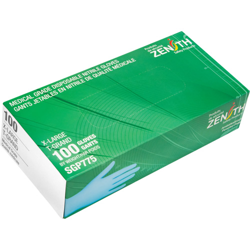 SGP775 Gants jetables de calibre m&eacute;dical r&eacute;sistants &agrave; la perforation, T-Grand, Nitrile, 4,5 mils, Sans poudre, Bleu, Classe 2