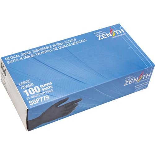 SGP779 Gants jetables de calibre m&eacute;dical r&eacute;sistants &agrave; la perforation, Grand, Nitrile, 5 mils, Sans poudre, Noir, Classe 2