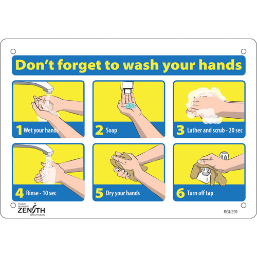 SGU291 Enseigne avec pictogramme "Don't Forget to Wash Your Hands", 7" x 10", Plastique, Anglais avec pictogramme