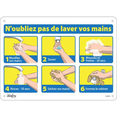 SGU300 Enseigne "N'oubliez pas de laver vos mains", 10" x 14", Plastique, Français avec pictogramme