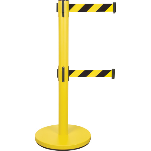 SHA669 Dual Belt Crowd Control Barrier, Steel, 35" H, Black/Yellow Tape, 7' Tape Length