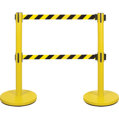SHA669 Dual Belt Crowd Control Barrier, Steel, 35" H, Black/Yellow Tape, 7' Tape Length