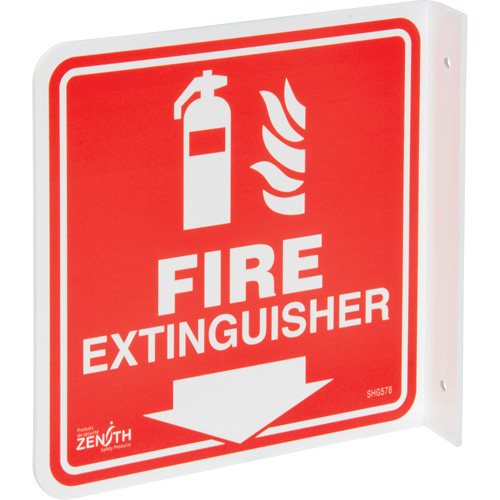 SHG578 90° Projecting "Fire Extinguisher" Sign, 8" x 8", Plastic, English with Pictogram