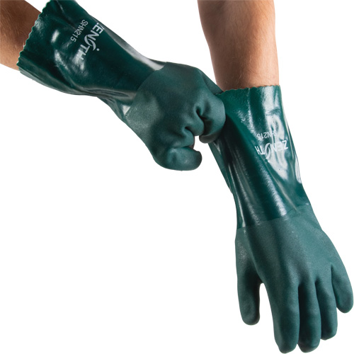 SHN215 Double Dipped Green Gloves, 14" L, PVC, Cotton Jersey Inner Lining, 70-mil